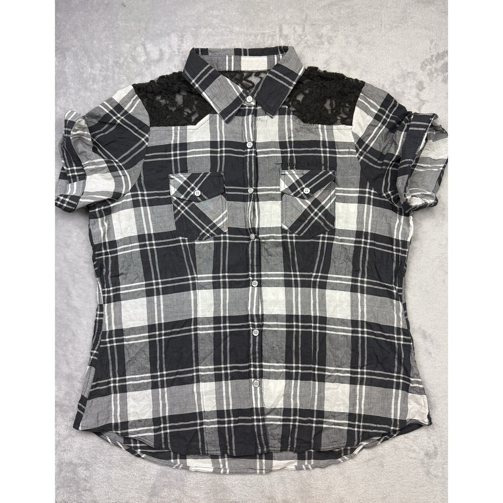 Harley-Davidson Women's L Black/Gray/White Plaid SS Button-Up Woven Lace Pockets